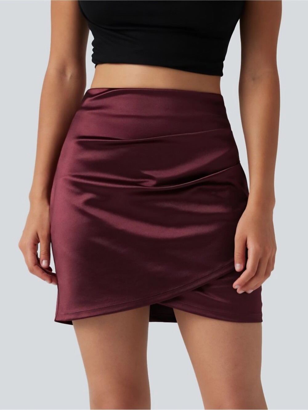 Halara Burgundy Satin Asymmetric Ruched Faux-Wrap Skort Night Out Athleisure. L